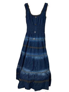 Lapis Dress Small Blue Denim Chambray Tiered Maxi Boho Smocked Embroidered